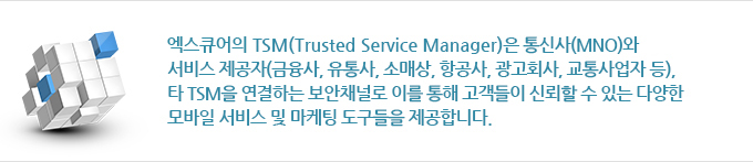 엑스큐어의 TSM(Trusted Service Manager)은 통신사(MNO), 금융기관, 서비스 제공자(유통, 항공, 광고, 교통 등), 타 TSM 등을 연결하는 보안 채널로 이를 통해 고객들이 신뢰할 수 있는 다양한 모바일 결제 서비스 및 마케팅 도구들을 제공합니다.